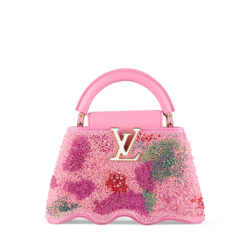 Louis Vuitton: a Beaded Rose Mini Capushell 2023 (includes shoulder strap, dust bag and box): Louis Vuitton: a Beaded Rose Mini Capushell 2023 Pink silk satin embroidered all over with multi-colour glass beads with pink calfskin handle and top flap, white enamel and gold tone hardware,