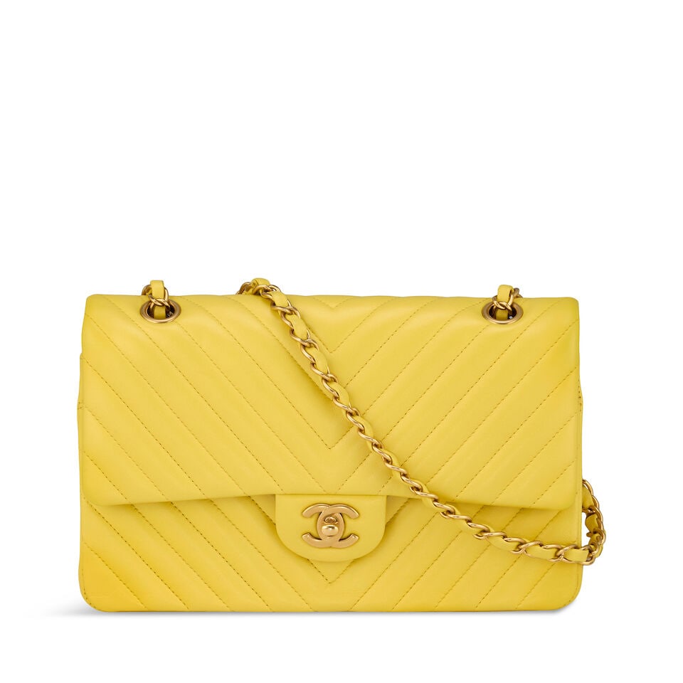 Chanel: a Yellow Chevron Quilted Lambskin Medium Classic Flap Bag 2015-16 (includes serial stic... (1 of 2)