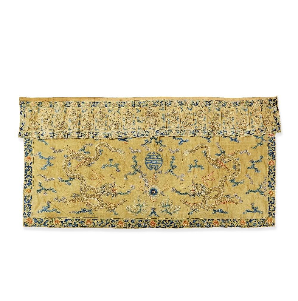 A LARGE IMPERIAL YELLOW-GROUND 'DRAGON' ALTAR FRONTAL Tongzhi: A LARGE IMPERIAL YELLOW-GROUND 'DRAGON' ALTAR FRONTAL Tongzhi The upper valance decorated with a centrally positioned, front-facing five-clawed dragon, flanked by two groups, eight on each side, of st