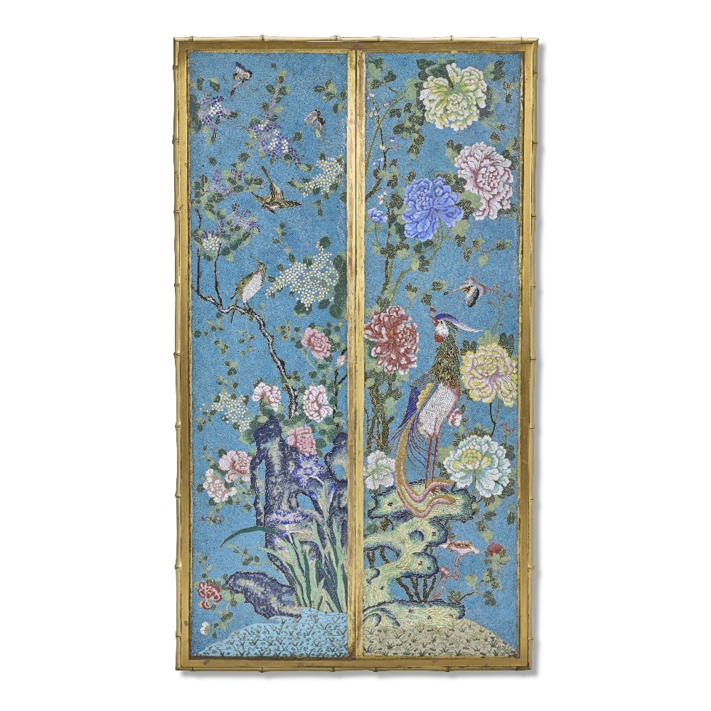 A RARE PAIR OF CLOISONNÉ ENAMEL PANELS Qianlong/Jiaqing: A RARE PAIR OF CLOISONNÉ ENAMEL PANELS Qianlong/Jiaqing The panels brightly and meticulously enamelled, one with a pheasant standing atop a gnarled rock issuing peonies with exquisite gradation, 