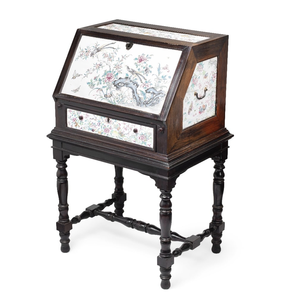 A VERY RARE PAINTED ENAMEL-INSET HARDWOOD BUREAU ON LATER ENGLISH STAND 18th century (2): A VERY RARE PAINTED ENAMEL-INSET HARDWOOD BUREAU ON LATER ENGLISH STAND 18th century The bureau inset externally with five painted enamel panels depicting flowers, butterflies, mandarin ducks, and flo