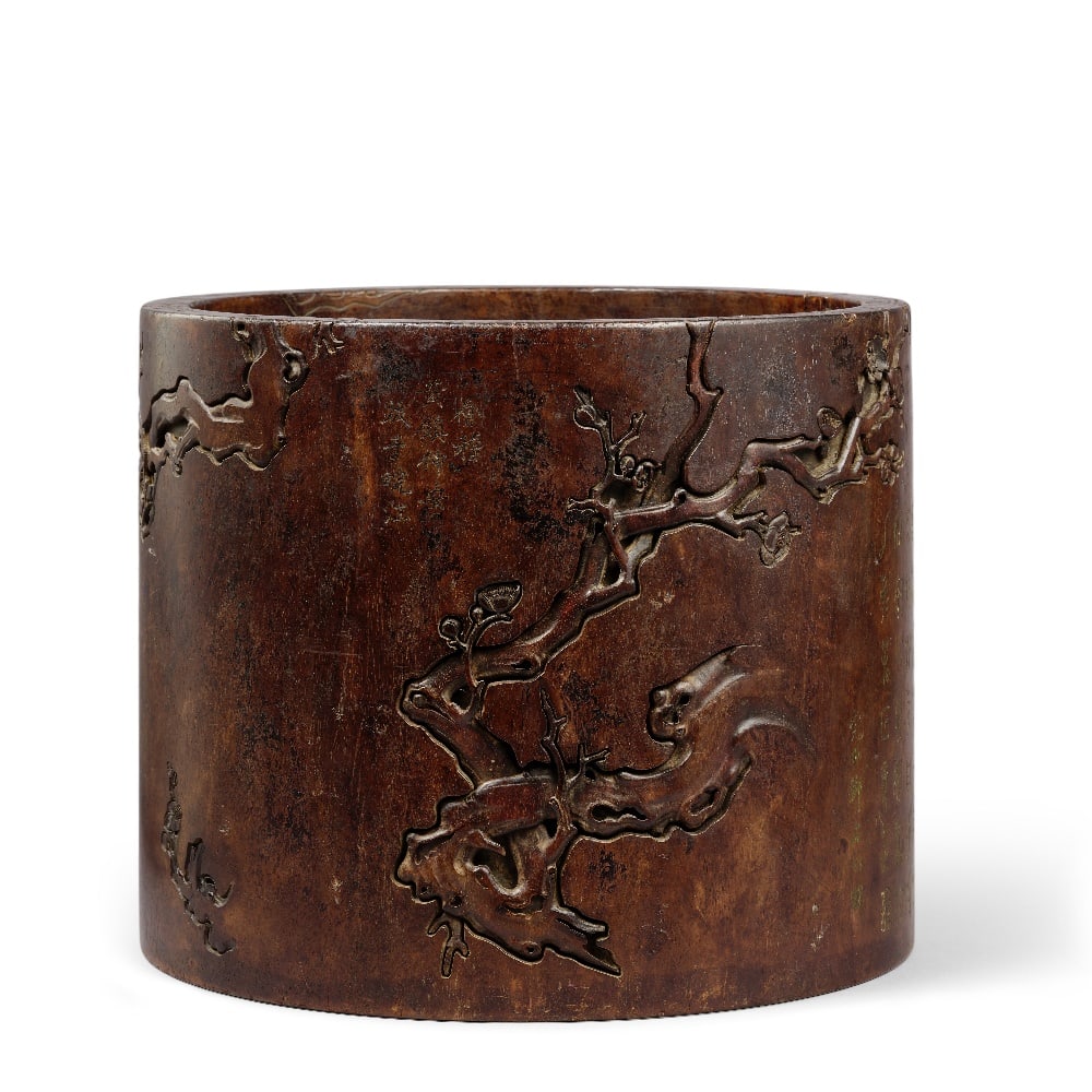 A RARE MASSIVE ZITAN SCROLL POT Signed Deng Shiru (1743-1805), 18th century (2): A RARE MASSIVE ZITAN SCROLL POT Signed Deng Shiru (1743-1805), 18th century Of cylindrical form, carved around the exterior with blossoming prunus and calligraphic inscriptions, the wood of dark choco
