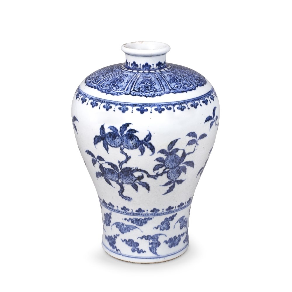 A RARE MING-STYLE BLUE AND WHITE 'THREE ABUNDANCES' VASE, MEIPING 18th century: A RARE MING-STYLE BLUE AND WHITE 'THREE ABUNDANCES' VASE, MEIPING 18th century Elegantly potted rising from a countersunk base to swelling shoulders surmounted by a narrow lipped mouth, the exterior p