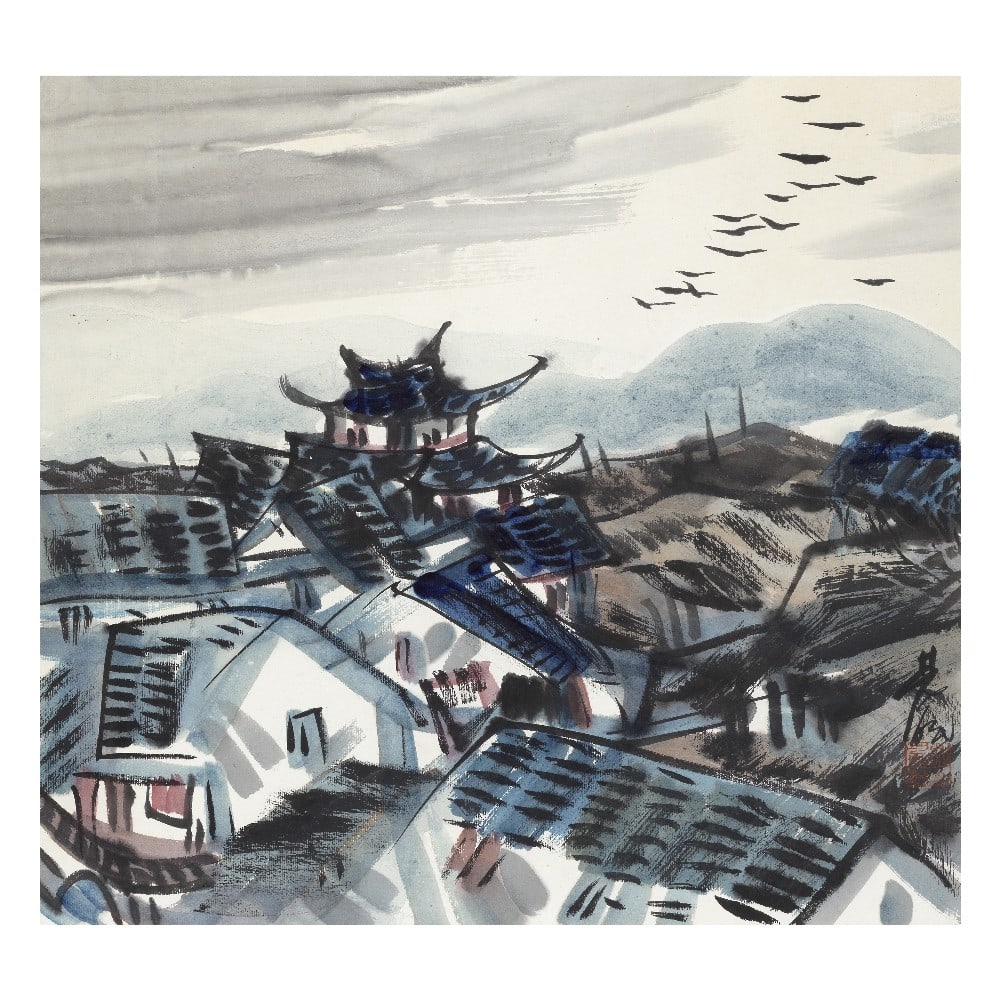 LIN FENGMIAN (1900-1991) City Rooftops, possibly Chongqing: LIN FENGMIAN (1900-1991) City Rooftops, possibly Chongqing Ink and colour on paper Signed Lin Fengmian and with an artist's seal, framed and glazed. The painting: 37.5cm (14 3/4in) high x 41cm (16 1/8