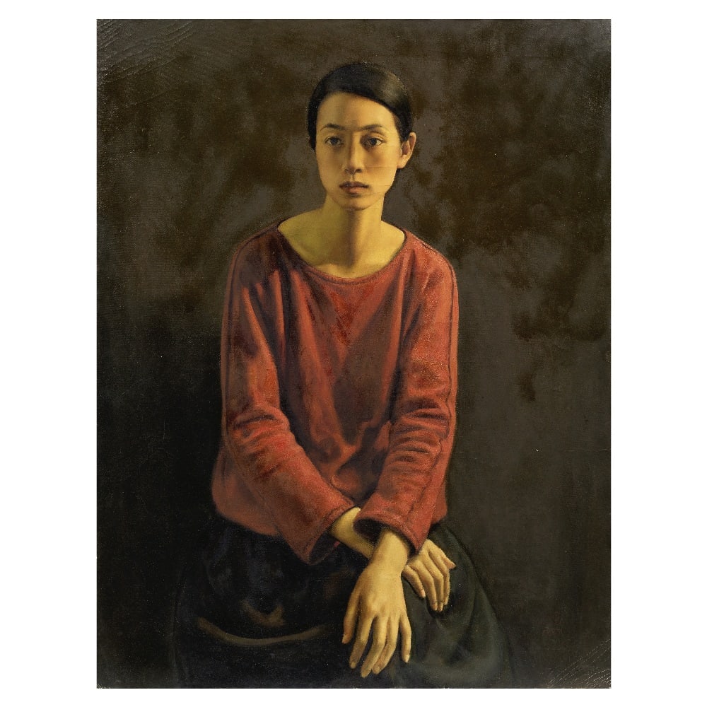 YANG FEIYUN (B.1954) A Seated Lady in Red: YANG FEIYUN (B.1954) A Seated Lady in Red Oil on canvas, signed Feiyun in Chinese and dated 1987. 64cm (25 1/4in) wide x 84cm (33in) high. Footnotes: 1987年 楊飛雲（1954&