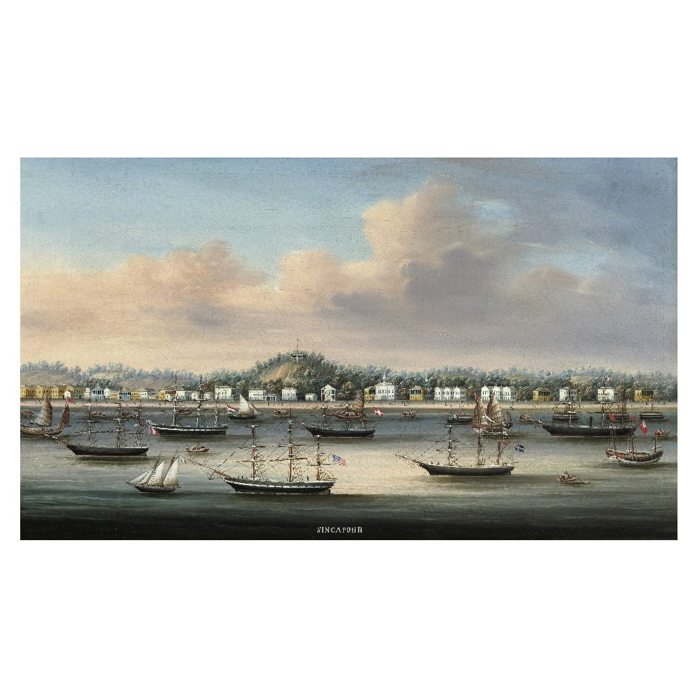 CHINESE ARTIST (CIRCA 1850) Singapore from the Roadstead: CHINESE ARTIST (CIRCA 1850) Singapore from the Roadstead Oil on canvas, framed, inscribed 'SINGAPOHR'. The painting: 78.5cm (30 7/8in) wide x 45.5cm (18in) high; with frame: 90.3cm (35 5/8in) wide x 5