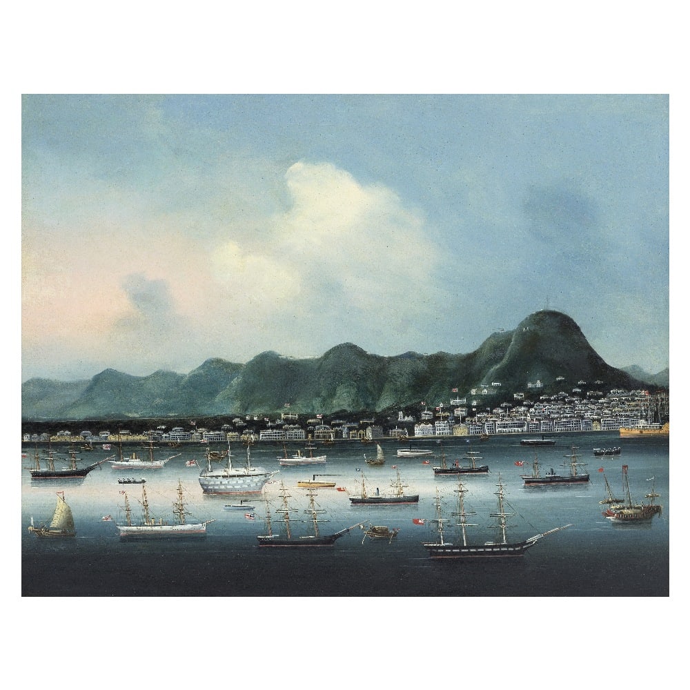 CHINESE ARTIST (CIRCA 1875) Hong Kong Island and Harbour: CHINESE ARTIST (CIRCA 1875) Hong Kong Island and Harbour Oil on canvas, framed. The painting: 45cm (17 3/4in) high x 59cm (23 1/4in) wide; with frame: 55.5cm (21 7/8in) high x 69.2cm (27 1/4in) wide. 