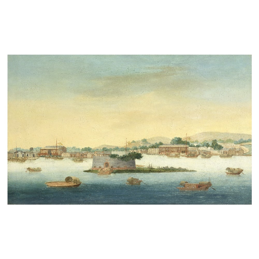 CHINESE ARTIST (CIRCA 1790) The French Folly Fort with the Customs House Beyond Canton, Marking ...: CHINESE ARTIST (CIRCA 1790) The French Folly Fort with the Customs House Beyond Canton, Marking the End of the City Walls Oil on canvas, framed. The painting: 45cm (17 3/4in) high x 74cm (29 1/8in) wi