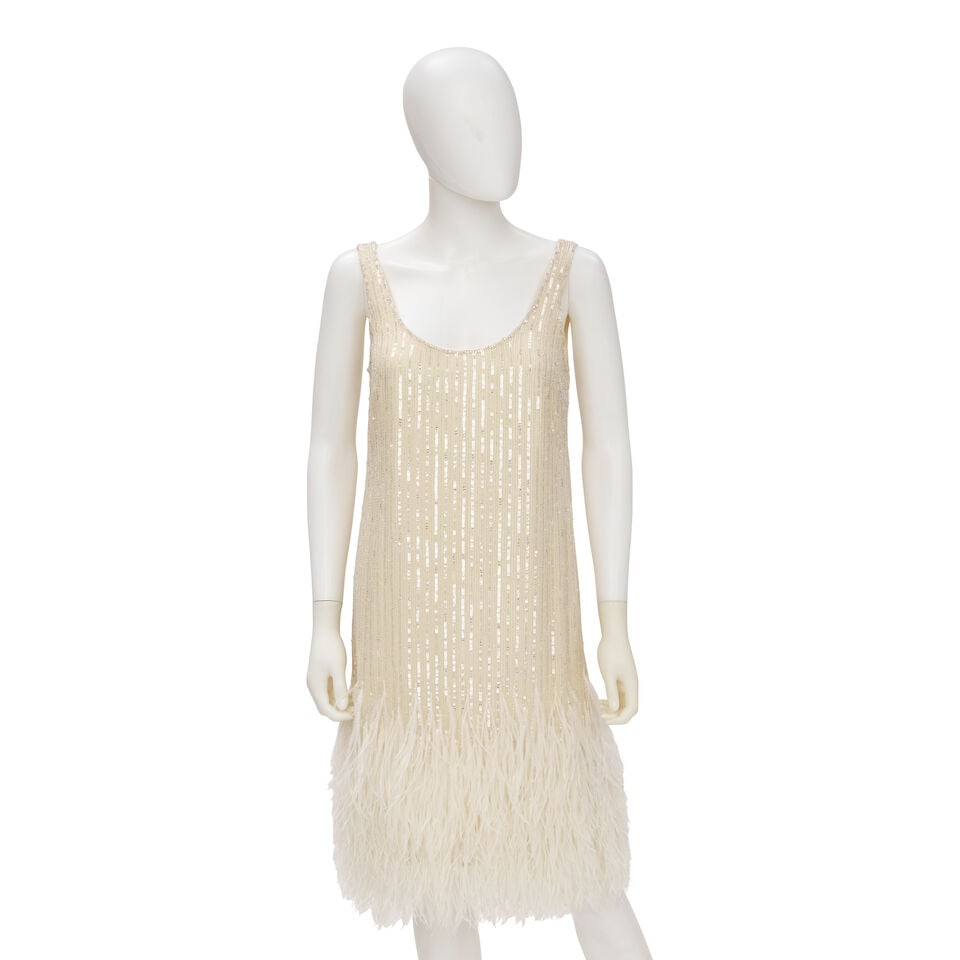 RALPH LAUREN PURPLE LABEL: CREAM FEATHER TRIM BEADED COCKTAIL DRESS (1 of 2)