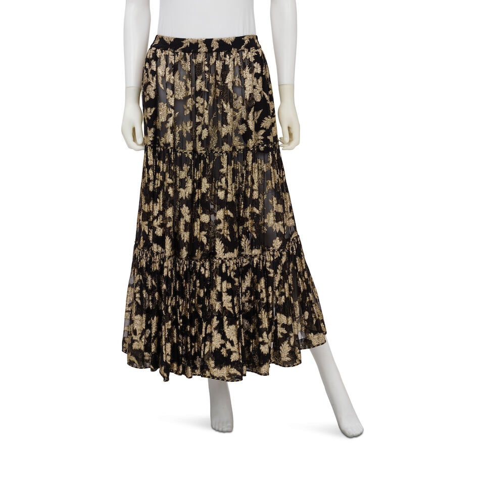 YVES SAINT LAURENT: BLACK AND GOLD FLORAL LUREX MAXI SKIRT Late 1970's (1 of 2)