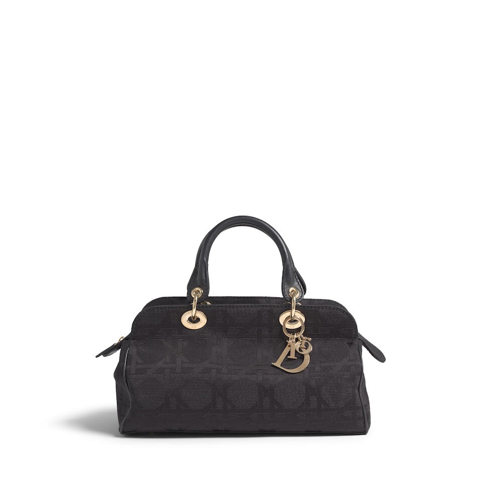 CHRISTIAN DIOR: BLACK MACROS CANNAGE CANVAS GRANVILLE BAG 2008 | John Galliano: CHRISTIAN DIOR: BLACK MACROS CANNAGE CANVAS GRANVILLE BAG 2008 | John Galliano • Black Iridescent Canvas Macros Cannage Quilted Exterior • Pale Gold Tone Hardware and Protective Feet at Ba