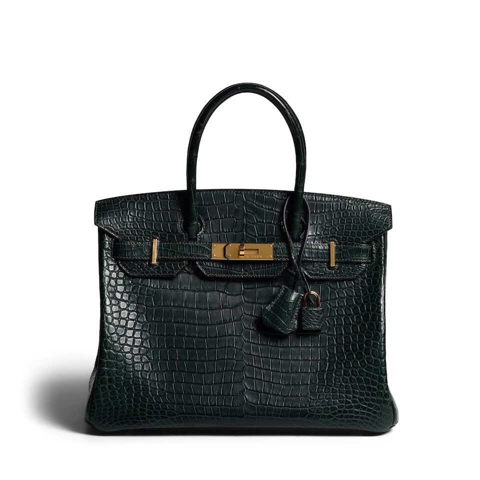 HERMÈS: VERT FONCE MATTE CROCODILE BIRKIN 30 2021: HERMÈS: VERT FONCE MATTE CROCODILE BIRKIN 30 2021 • Vert Fonce Matte Porosus Crocodile Exterior • Gold Tone Hardware and Protective Feet at Base • Dual Rolled Handles • Ch