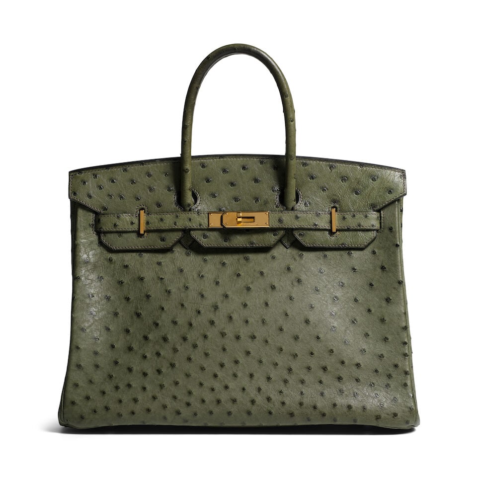 HERMÈS: VERT OLIVE OSTRICH BIRKIN 35 2000: HERMÈS: VERT OLIVE OSTRICH BIRKIN 35 2000 • Vert Olive Ostrich Exterior • Gold Tone Hardware and Protective Feet at Base • Dual Rolled Handles • Chevre Lining •