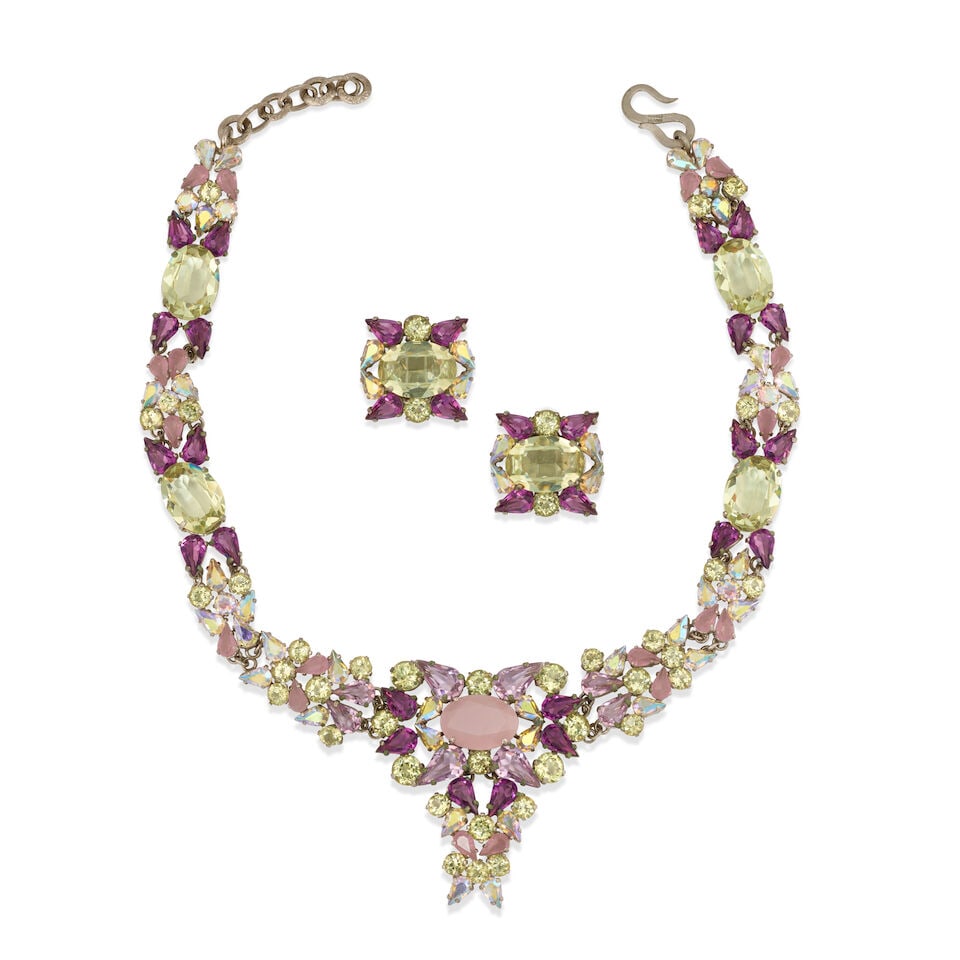 ROGER JEAN PIERRE: STRASS CRYSTAL NECKALCE AND EARRING DEMI-PARURE 1950's: ROGER JEAN PIERRE: STRASS CRYSTAL NECKALCE AND EARRING DEMI-PARURE 1950's • Shades of Purple, Yellow and Pink Strass Crystals set in Silver Tone Hardware • Earrings Measure 2 cm x 2.5 cm &