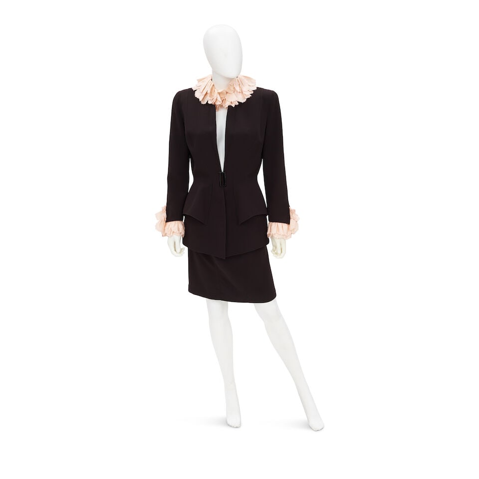 THIERRY MUGLER: BLACK AND PINK RUFFLE SKIRT SUIT ENSEMBLE 1980-1990 (1 of 2)