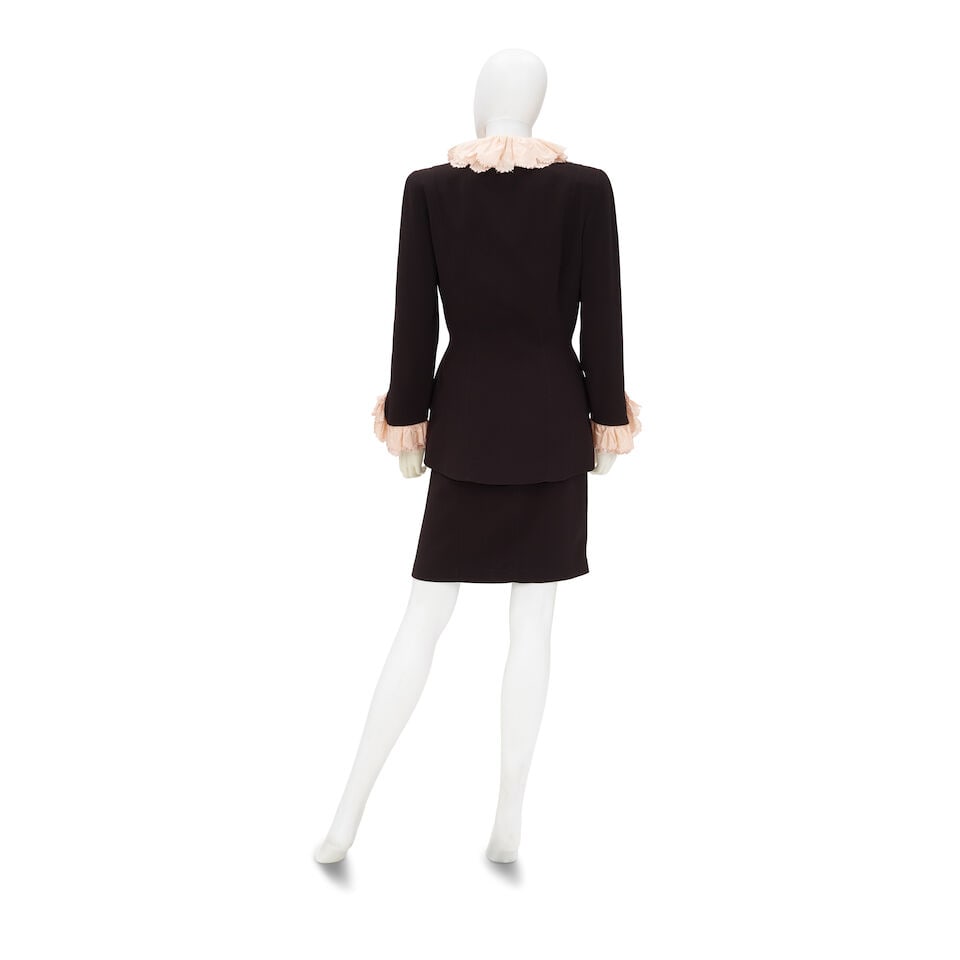 THIERRY MUGLER: BLACK AND PINK RUFFLE SKIRT SUIT ENSEMBLE 1980-1990 - 2