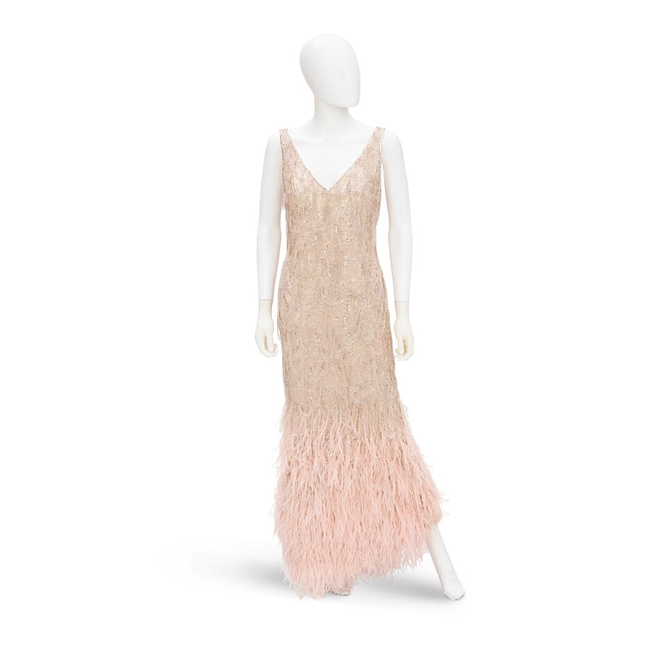 RALPH LAUREN PURPLE LABEL: CREAM BEADED GOWN WITH MARABOU TRIM (1 of 2)