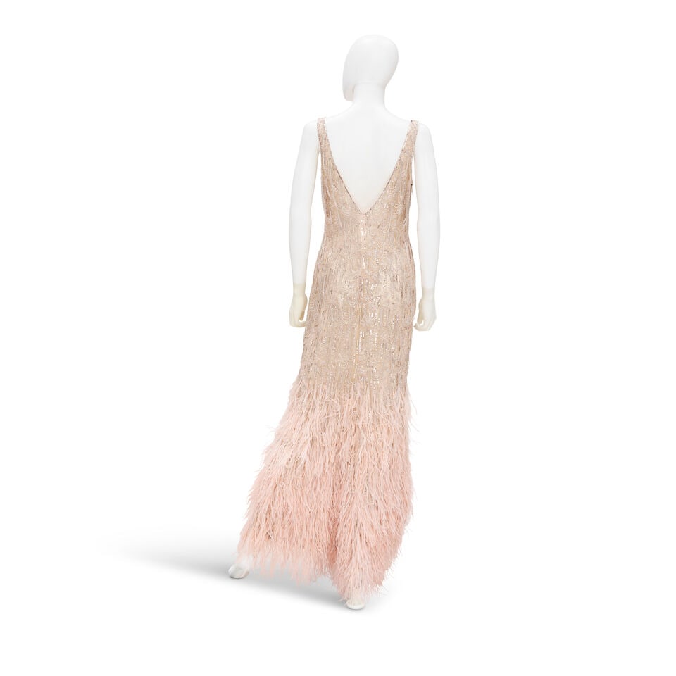 RALPH LAUREN PURPLE LABEL: CREAM BEADED GOWN WITH MARABOU TRIM - 2