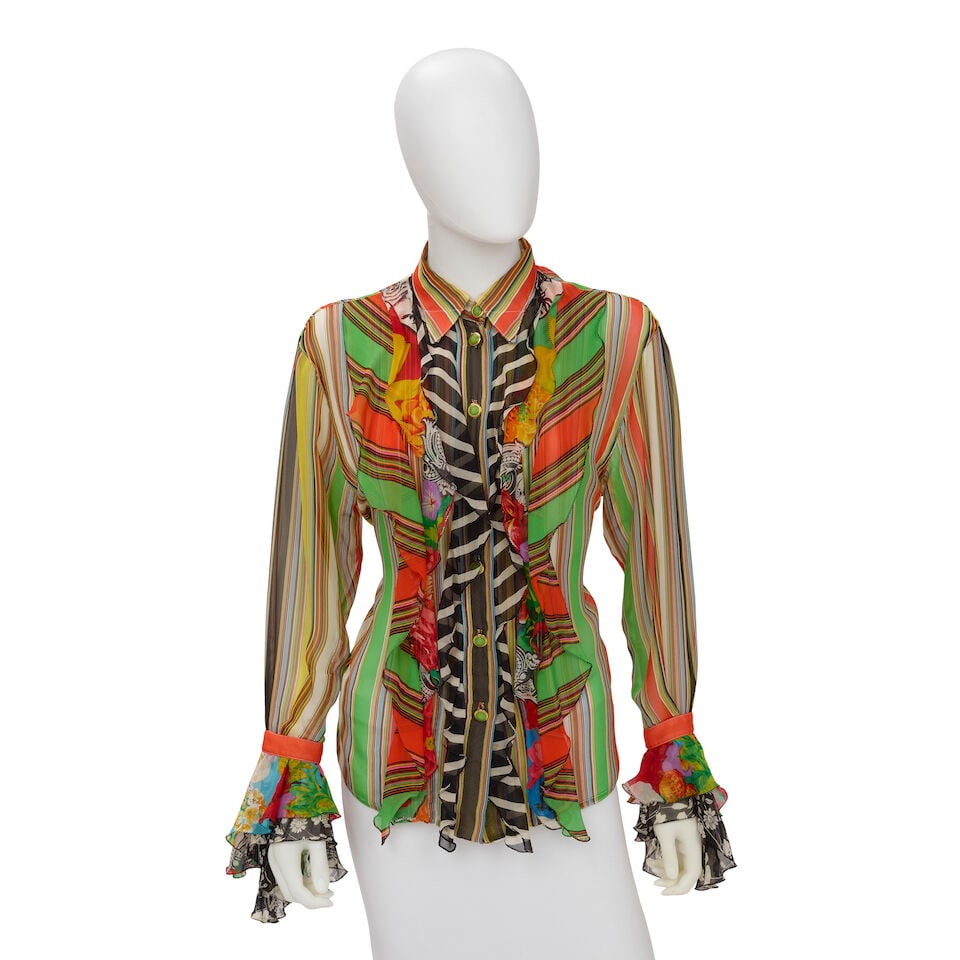 GIANNI VERSACE: MULTICOLOR STRIPE AND FLORAL CHIFFON BLOUSE Spring/ Summer 1993 (1 of 2)
