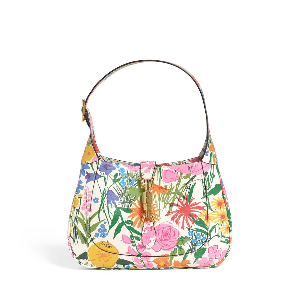GUCCI X KEN SCOTT: FLORAL PRINT LEATHER JACKIE 1961 2021: GUCCI X KEN SCOTT: FLORAL PRINT LEATHER JACKIE 1961 2021 • Ken Scott Floral Print Leather Exterior • Gold Tone Hardware • Adjustable Flat Handle Type • Piston Lock Closure R