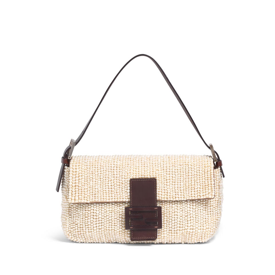 FENDI: PEARL EMBELLISHED BAGUETTE 1999: FENDI: PEARL EMBELLISHED BAGUETTE 1999 • Beaded Pearl Exterior with Brown Leather Accents • Silver Tone Hardware • Snap FF Closure • Adjustable Leather Shoulder Stap • Sa