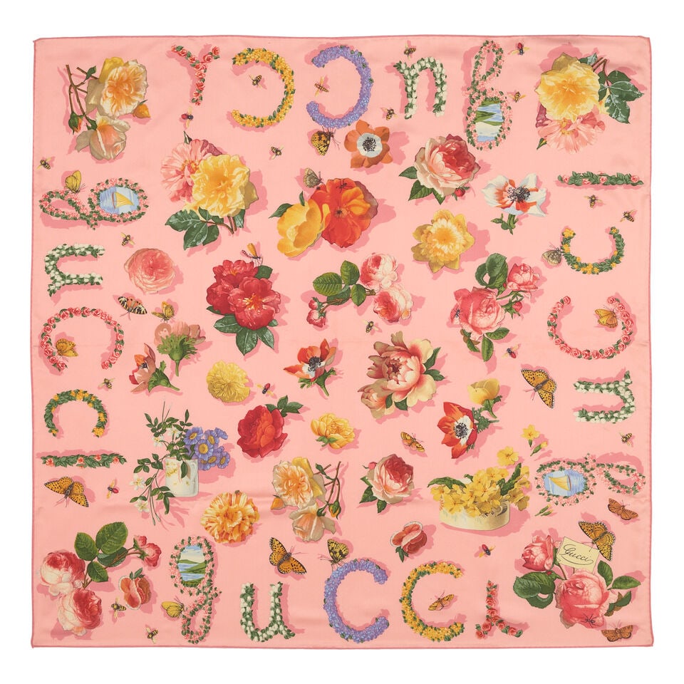 GUCCI: PINK FLORAL PRINT SCARF 90cm: GUCCI: PINK FLORAL PRINT SCARF 90cm • Printed Silk • Rolled and Hand-Stitched Edges For further information on this lot please visit Bonhams.com For further information about this lot plea