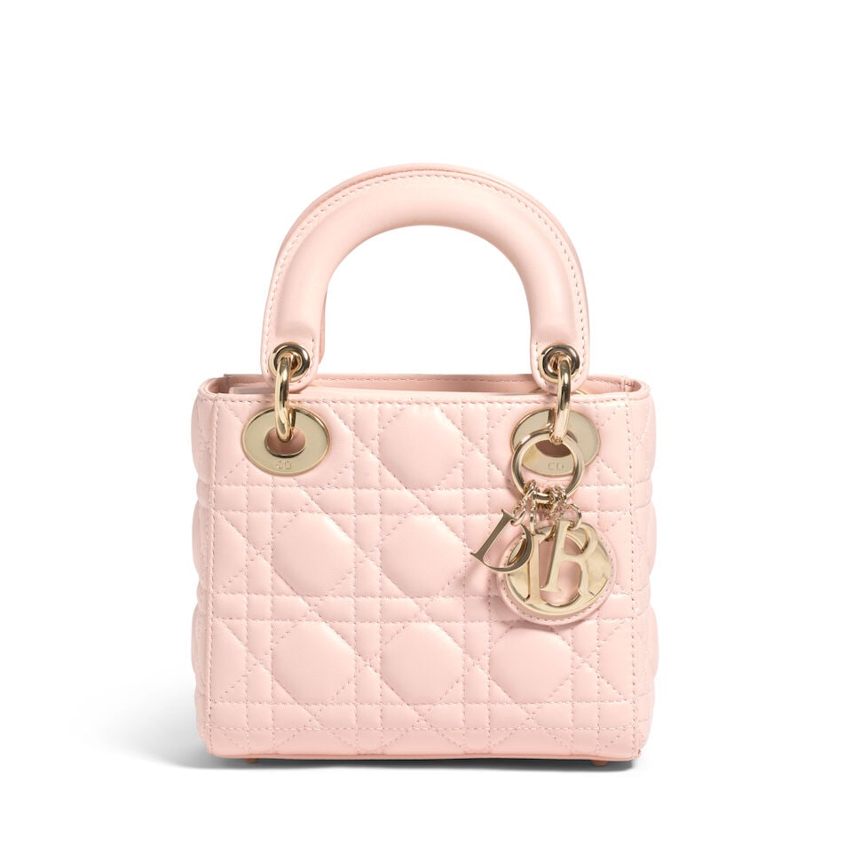 CHRISTIAN DIOR: PINK CANNAGE LAMBSKIN MINI LADY DIOR 2014 | Raf Simons: CHRISTIAN DIOR: PINK CANNAGE LAMBSKIN MINI LADY DIOR 2014 | Raf Simons • Pink Lambskin Cannage Quilted Exterior • Gold Tone Hardware and Protective Feet at Base • Fold In Flap Closur