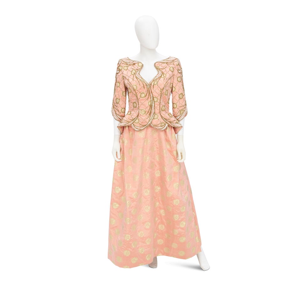BOB MACKIE: PEACH TAFFETA EMBELLISHED GOWN 1980'S (1 of 2)
