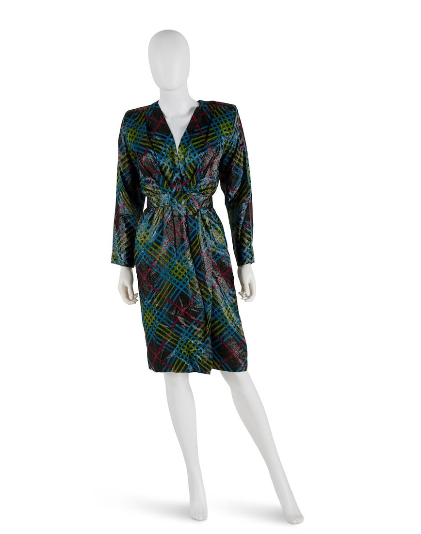 YVES SAINT LAURENT: METALLIC PLAID WRAP DRESS Fall 1985 (1 of 3)