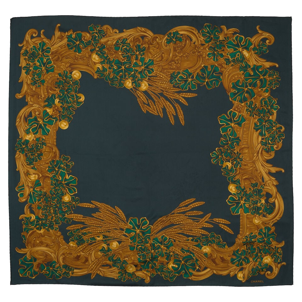 CHANEL: GREEN AND YELLOW WHEAT SILK SCARF 90cm: CHANEL: GREEN AND YELLOW WHEAT SILK SCARF 90cm • Printed Silk • Rolled and Hand-Stitched Edges For further information on this lot please visit Bonhams.com For further information about th