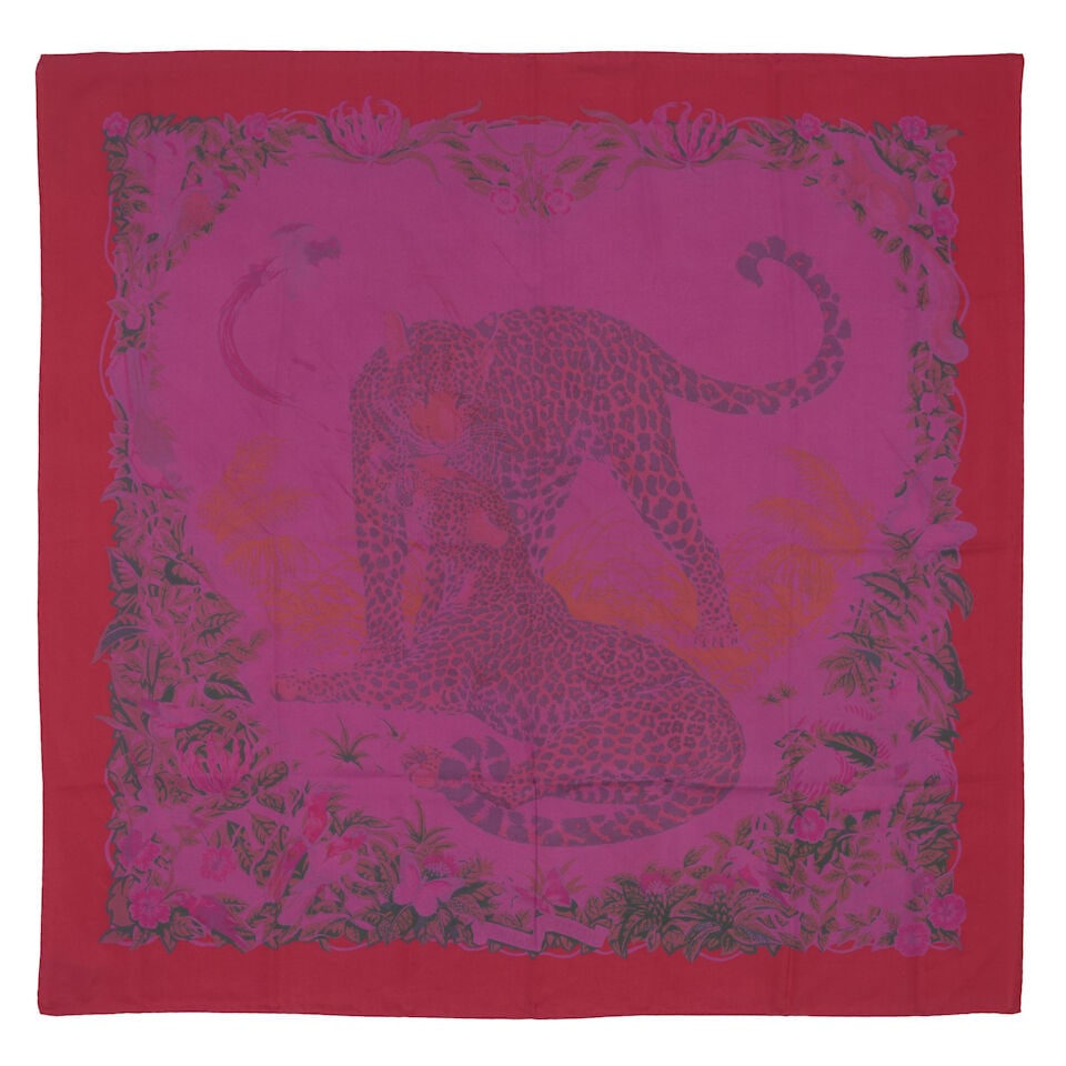 HERMÈS: JUNGLE LOVE SILK SCARF 90cm: HERMÈS: JUNGLE LOVE SILK SCARF 90cm • Printed Silk • Rolled and Hand-Stitched Edges For further information on this lot please visit Bonhams.com For further information about this lot