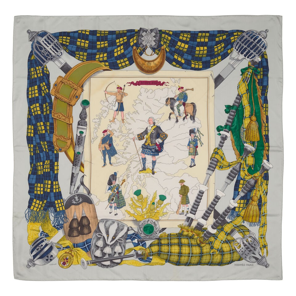HERMÈS: SCOTLAND SILK SCARF 90cm: HERMÈS: SCOTLAND SILK SCARF 90cm • Printed Silk • Rolled and Hand-Stitched Edges For further information on this lot please visit Bonhams.com For further information about this lot pl