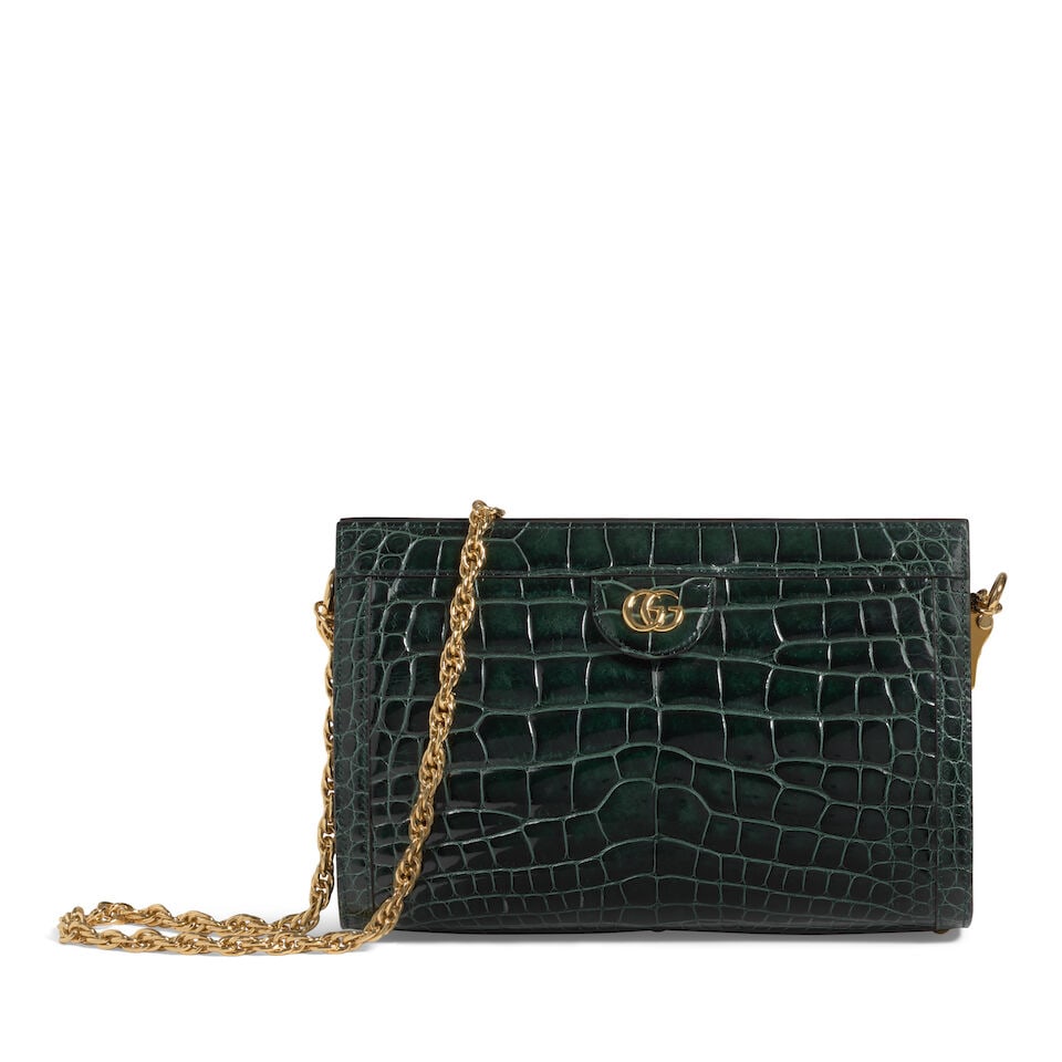 GUCCI: GREEN CROCODILE SMALL OPHIDIA CHAIN SHOULDER BAG 2018-2019: GUCCI: GREEN CROCODILE SMALL OPHIDIA CHAIN SHOULDER BAG 2018-2019 • Green Crocodile Exterior • Gold Tone Hardware and Protective Feet at Base • Gold Chain Link Shoulder Strap •