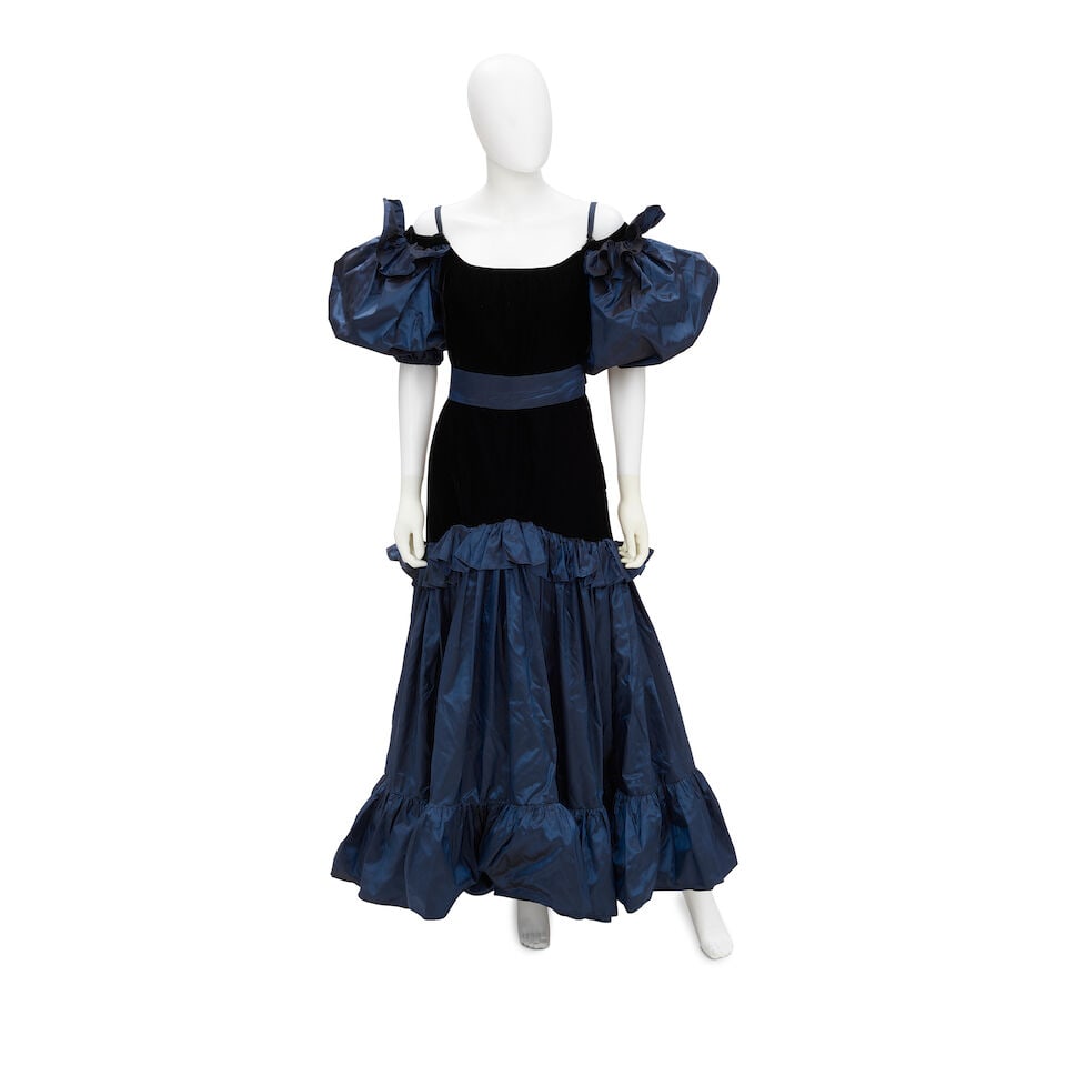 YVES SAINT LAURENT: BLUE AND BLACK RUFFLE GOWN Early 1980 (1 of 4)