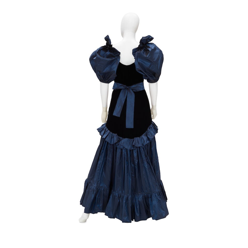 YVES SAINT LAURENT: BLUE AND BLACK RUFFLE GOWN Early 1980 - 2