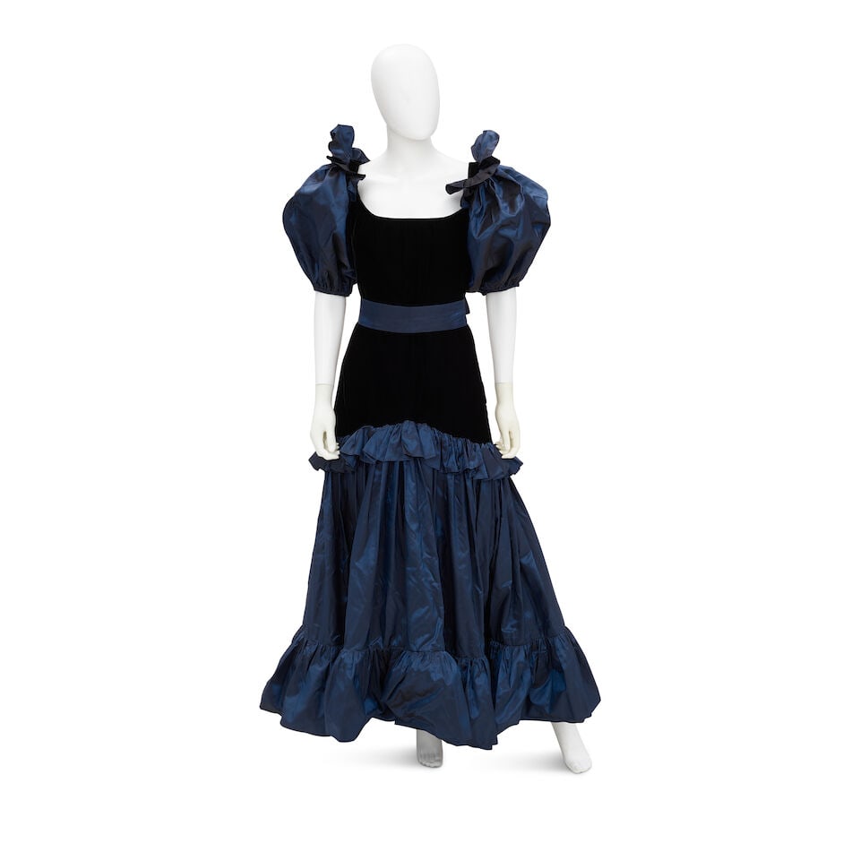 YVES SAINT LAURENT: BLUE AND BLACK RUFFLE GOWN Early 1980 - 3