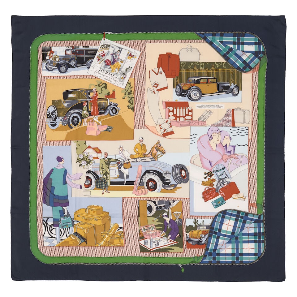 HERMÈS: L' ELEGANCE ET LE CONFORT EN AUTOMOBILE SILK SCARF: HERMÈS: L' ELEGANCE ET LE CONFORT EN AUTOMOBILE SILK SCARF • Printed Silk • Rolled and Hand-Stitched Edges For further information on this lot please visit Bonhams.com For further inf