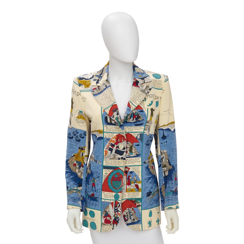 HERMÈS: SILK LE MONT SAINT MICHEL PRINT BLAZER: HERMÈS: SILK LE MONT SAINT MICHEL PRINT BLAZER • Marked Size 38 • 100% Silk Exterior • Button Closure For further information on this lot please visit Bonhams.com For further in