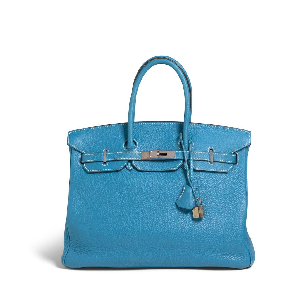 HERMÈS: BLEU JEAN TOGO BIRKIN 35 2005: HERMÈS: BLEU JEAN TOGO BIRKIN 35 2005 • Bleu Jean Togo Leather Exterior • Palladium Hardware and Protective Feet at Base • Dual Rolled Handles • Chevre Lining •