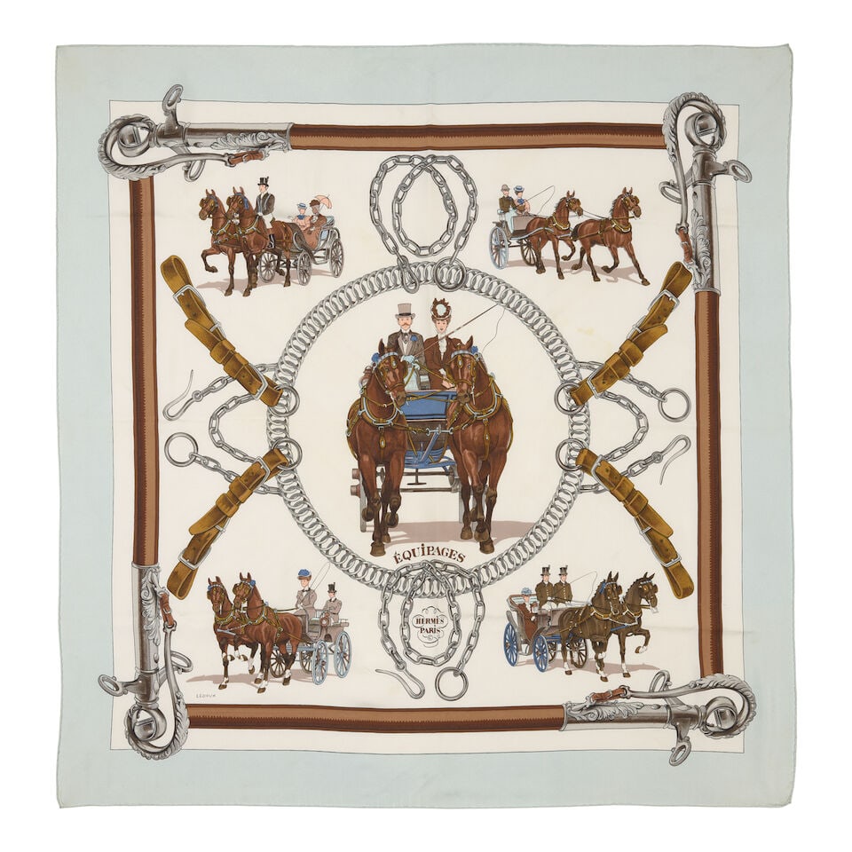 HERMÈS: EQUIPAGES SILK SCARF 90cm: HERMÈS: EQUIPAGES SILK SCARF 90cm • Printed Silk • Rolled and Hand-Stitched Edges For further information on this lot please visit Bonhams.com For further information about this lot p