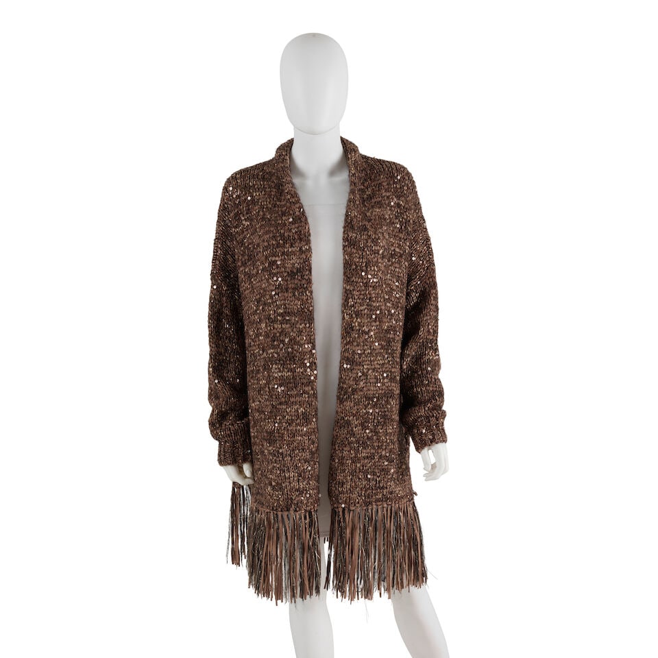 BRUNELLO CUCINELLI: BROWN KNIT METALLIC FRINGE CARDIGAN: BRUNELLO CUCINELLI: BROWN KNIT METALLIC FRINGE CARDIGAN • Marked Size Medium • Shades of Brown and Camel Alpaca Blend Exterior • Paillette and Lurex Detail Throughout For further inf