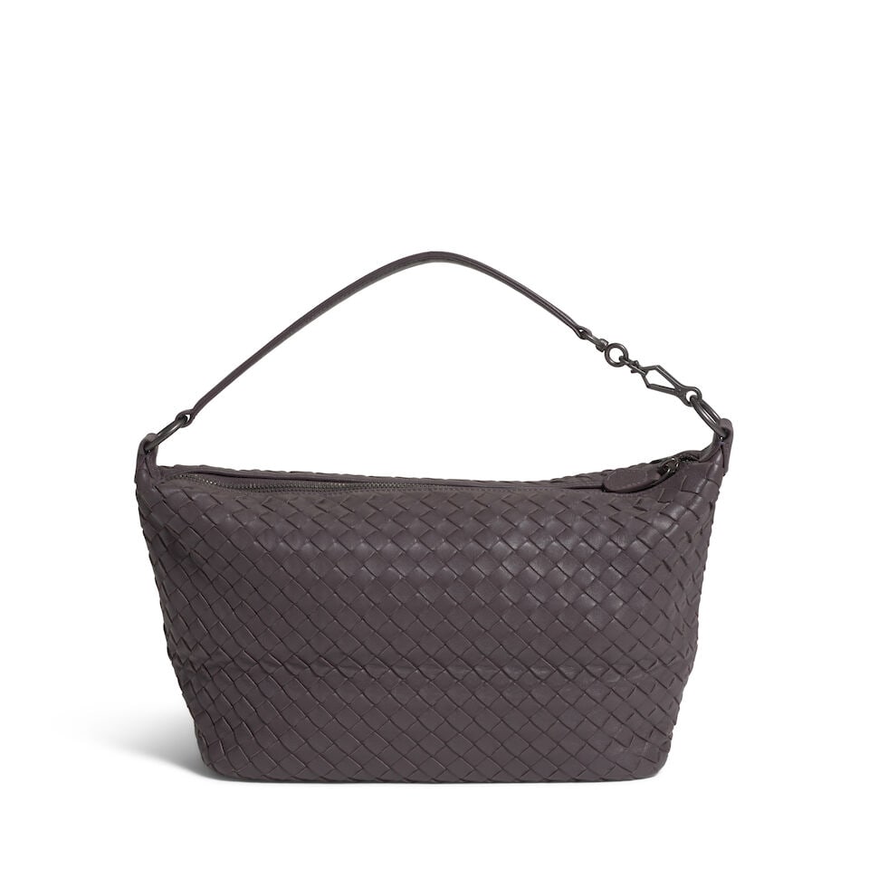 BOTTEGA VENETA: BROWN INTRECCIATO WOVEN NAPPA SMALL SHOULDER BAG: BOTTEGA VENETA: BROWN INTRECCIATO WOVEN NAPPA SMALL SHOULDER BAG • Intrecciato Woven Nappa Leather Exterior • Gunmetal Hardware • Zip Closure • Flat Leather Shoulder