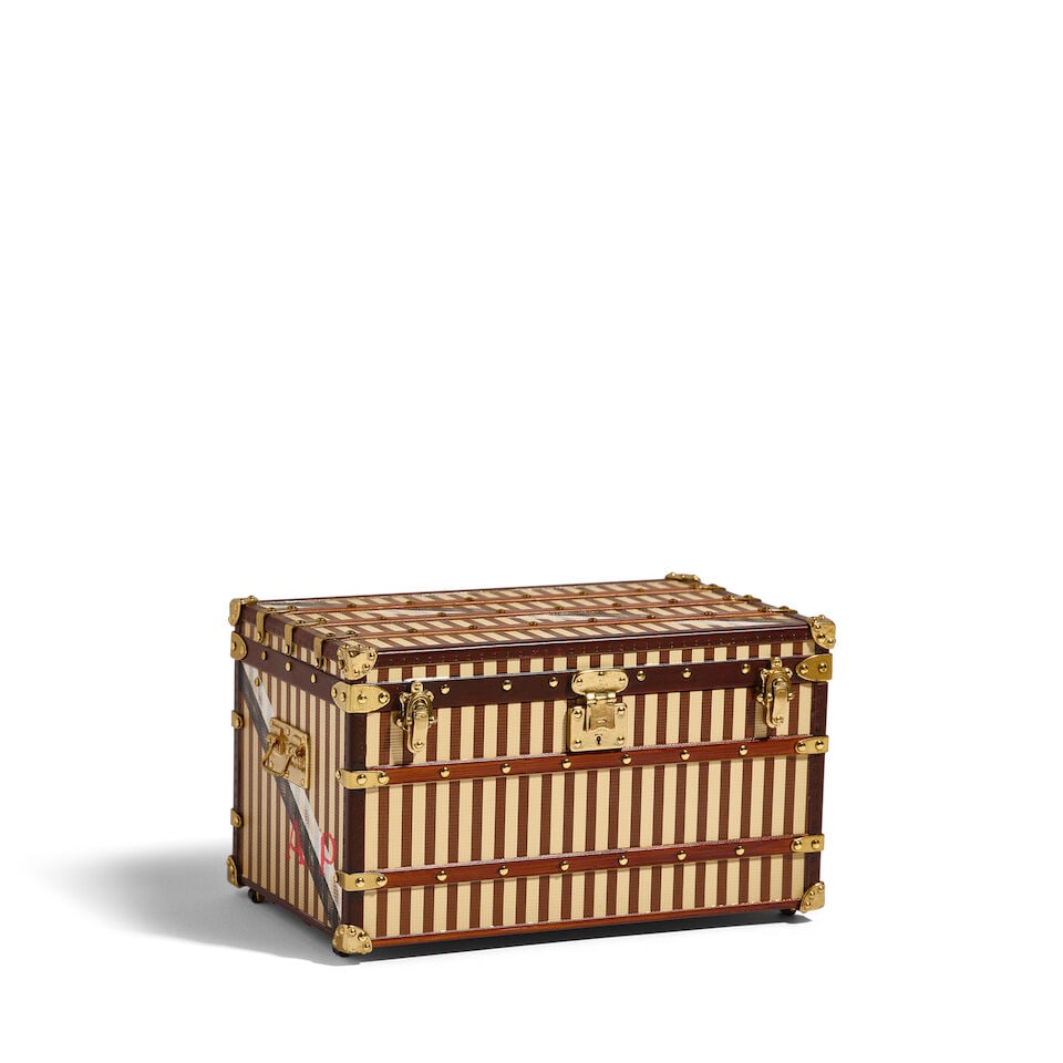 LOUIS VUITTON: MINIATURE MALLE COURRIER 1888 TRUNK 2013: LOUIS VUITTON: MINIATURE MALLE COURRIER 1888 TRUNK 2013 • Stripe Exterior with Monogram Detail • Brass Tone Hardware • Workable Handles, Wheels, and Signature Latches • Cotton 