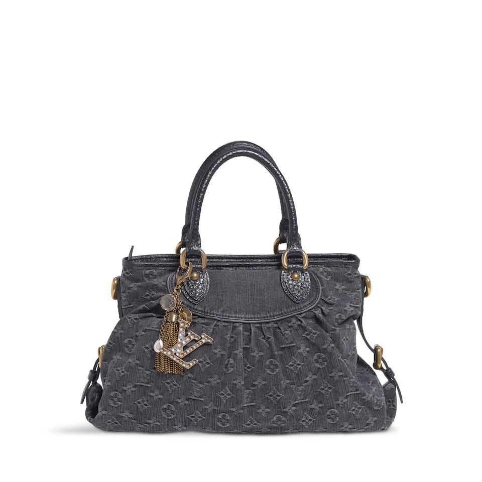LOUIS VUITTON: BLACK DENIM MONOGRAM NEO CABBY BAG 2007 | Marc Jacobs: LOUIS VUITTON: BLACK DENIM MONOGRAM NEO CABBY BAG 2007 | Marc Jacobs • Washed Black Denim Monogram Exterior • Gold Tone Hardware • Black Leather Rolled Handles • Zipper Closure