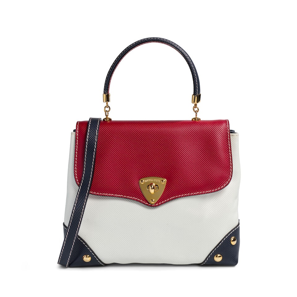 BOTTEGA VENETA: TRICOLOR 'MARCO POLO' TOP HANDLE BAG: BOTTEGA VENETA: TRICOLOR 'MARCO POLO' TOP HANDLE BAG • Red, Navy and White Coated Canvas Exterior • Gold Tone Hardware • Flap Top with Turn Lock Closure • Flat Top Handle and O