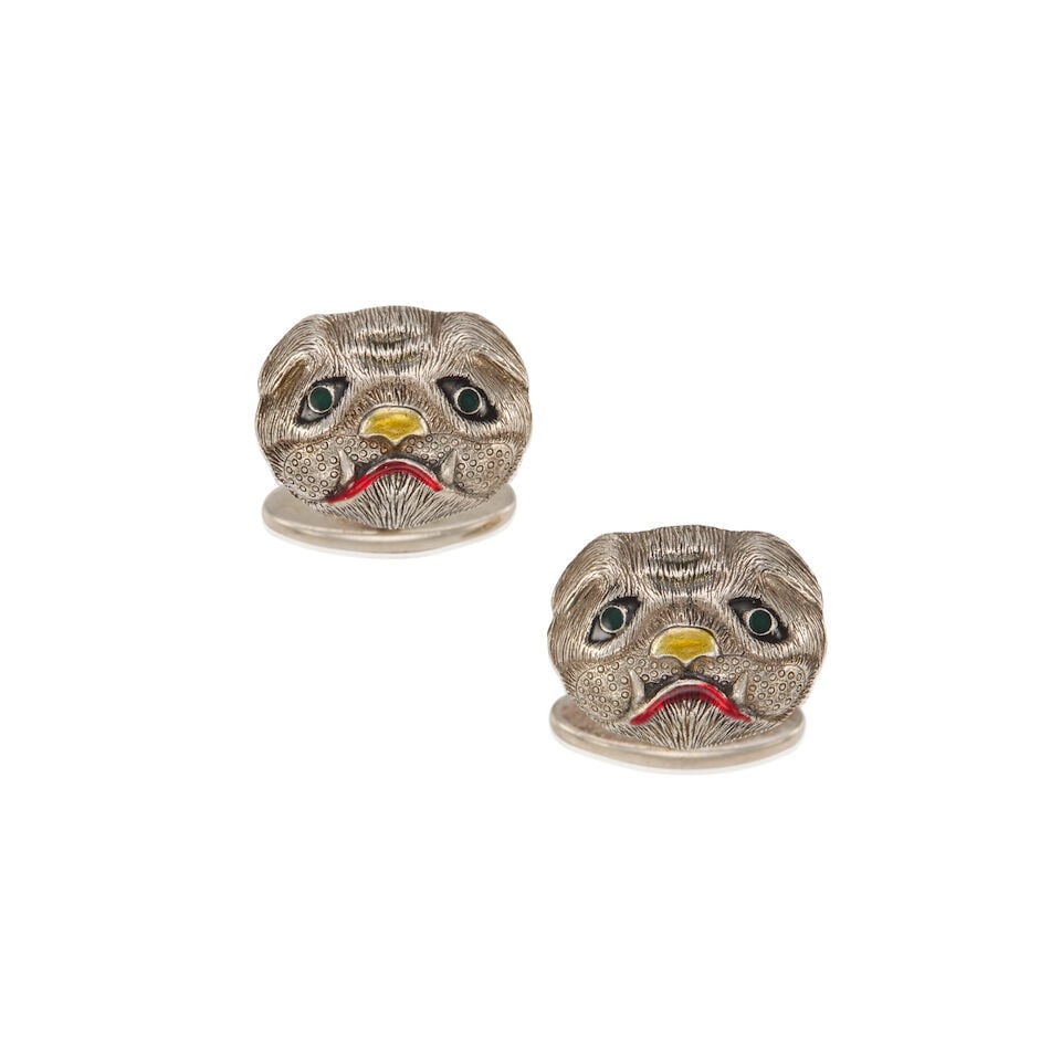 GUCCI: SILVER AND ENAMEL PUG CUFFLINKS: GUCCI: SILVER AND ENAMEL PUG CUFFLINKS • Marked 925 Sterling Silver • Toggle Snap Closure • Measures 3 cm x 2 cm This lot is subject to the following lot symbols: ¤ ¤ Unles