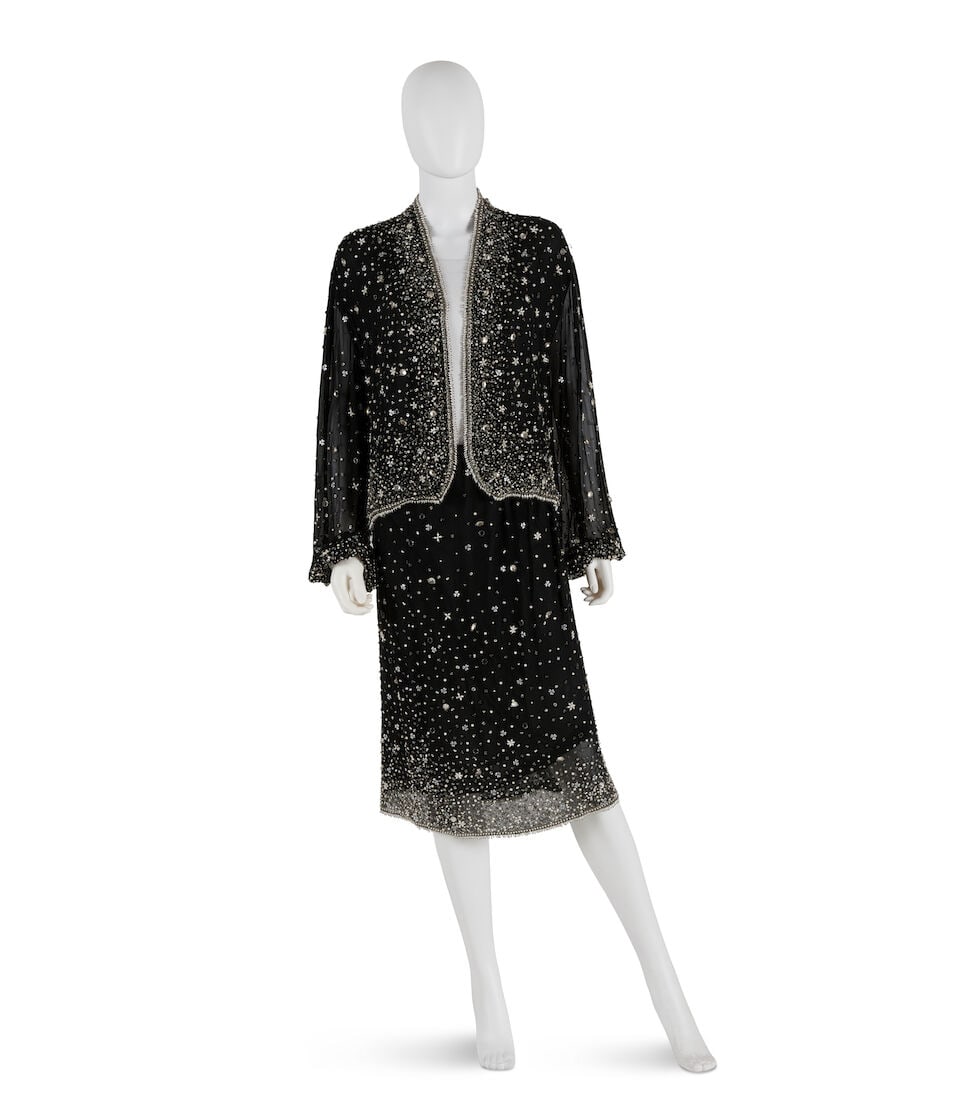 HALSTON: BLACK STARDUST BEADED CHIFFON TWO PIECE 1983 (1 of 3)