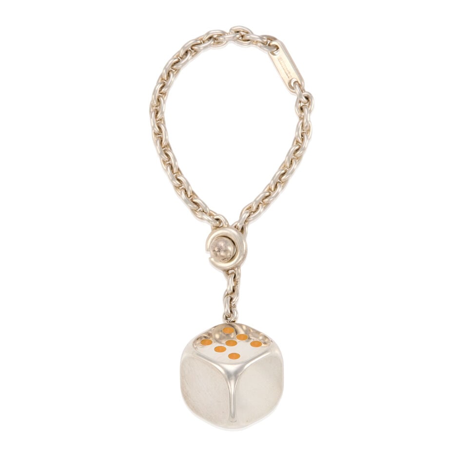 HERMÈS: SILVER & ENAMEL DICE CHARM ON CHAIN: HERMÈS: SILVER & ENAMEL DICE CHARM ON CHAIN • Marked 925 Sterling Silver with Enamel H Pattern Detail • Toggle Clasp Closure • Chain Length 12 cm | Charm 2 cm x 2 cm For further