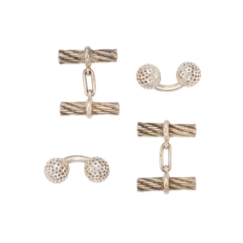HERMÈS: A SET OF TWO PAIRS OF SILVER CUFFLINKS: HERMÈS: A SET OF TWO PAIRS OF SILVER CUFFLINKS • Marked 925 Sterling Silver • Silver Rope Motif • Golf Ball Motif • Boxes Included This lot is subject to the following lot