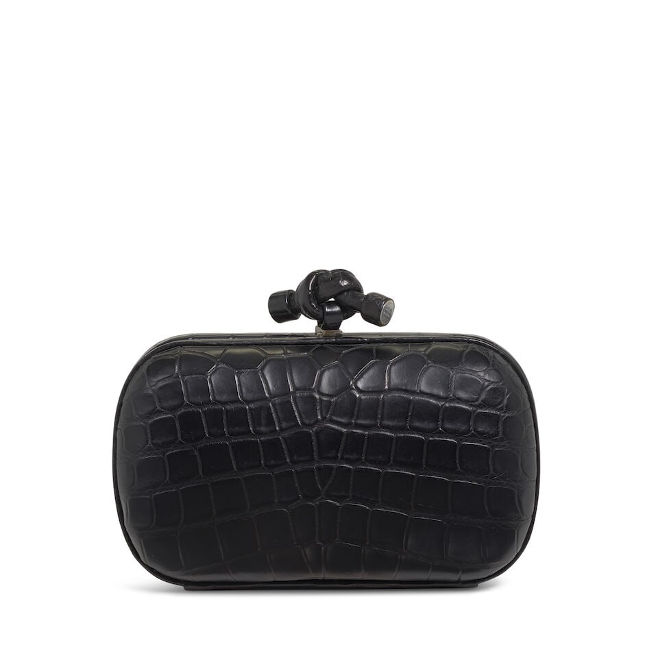 BOTTEGA VENETA: BLACK CROCODILE KNOT CLUTCH (1 of 2)